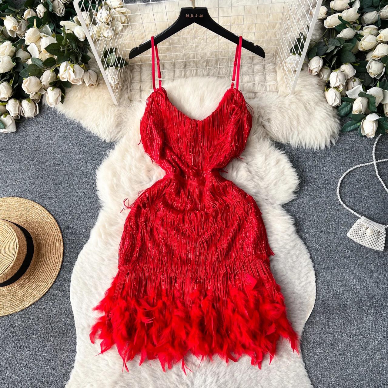 women's feather fringe sequin spaghetti strap dress Plumette