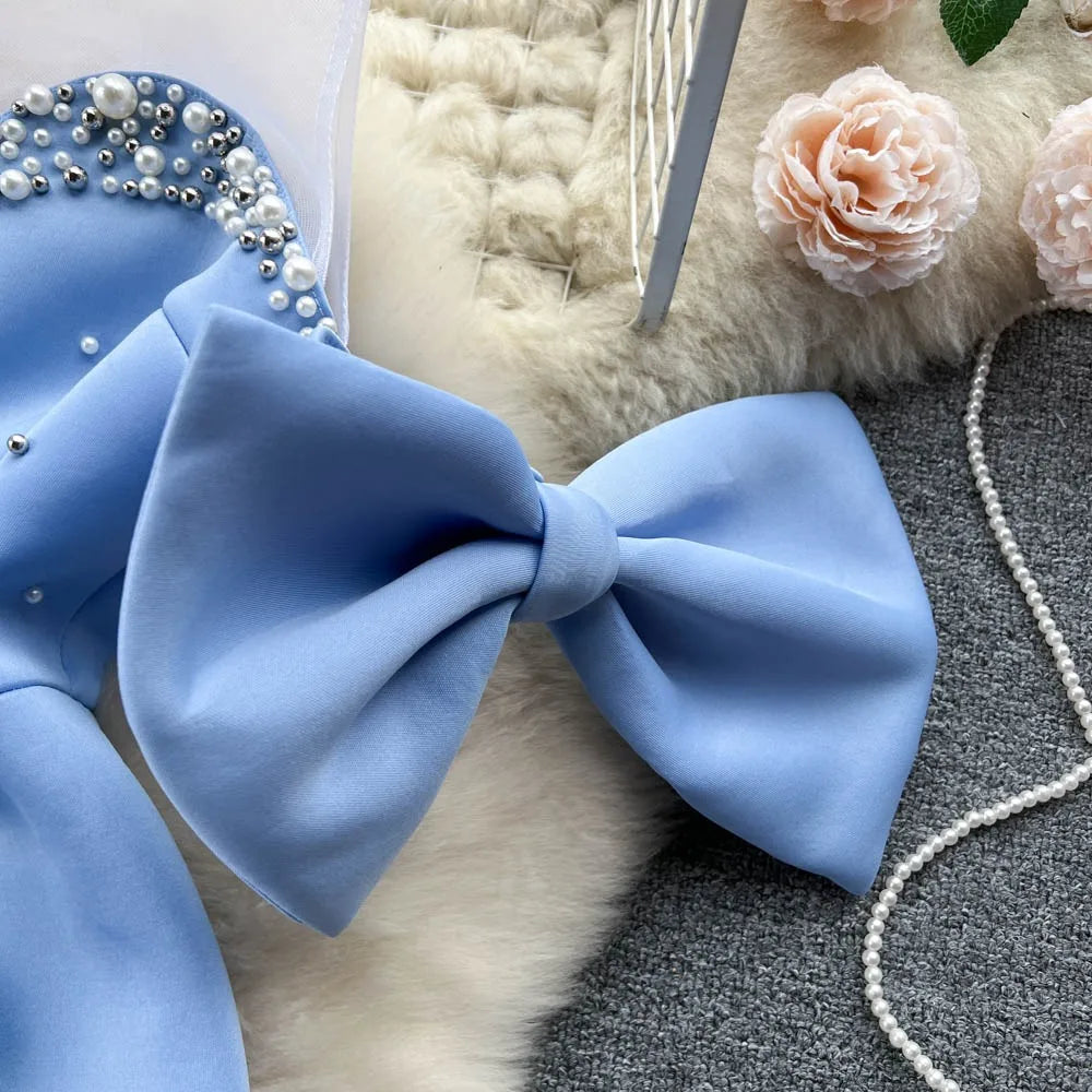 Elegant Blue Ruffled Pearl Decor Party Dress on Luulla