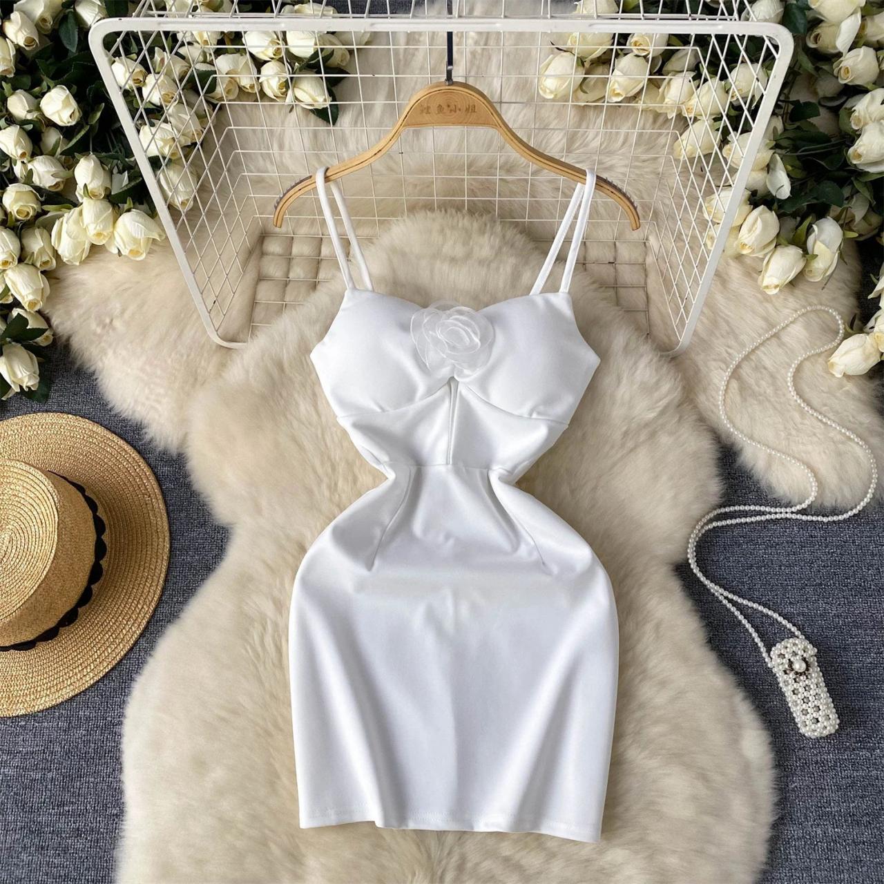 Elegant White Bodycon Dress With Flower Detail