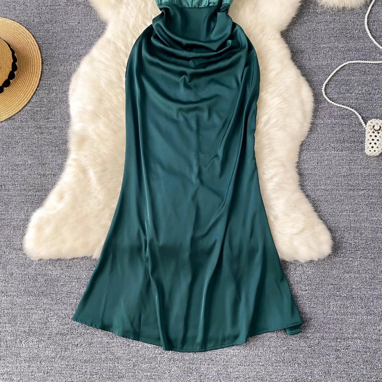 green silk tight dress Spaghetti Straps Emerald Green Satin Tight Homecoming Dress – Movousdress main image 1