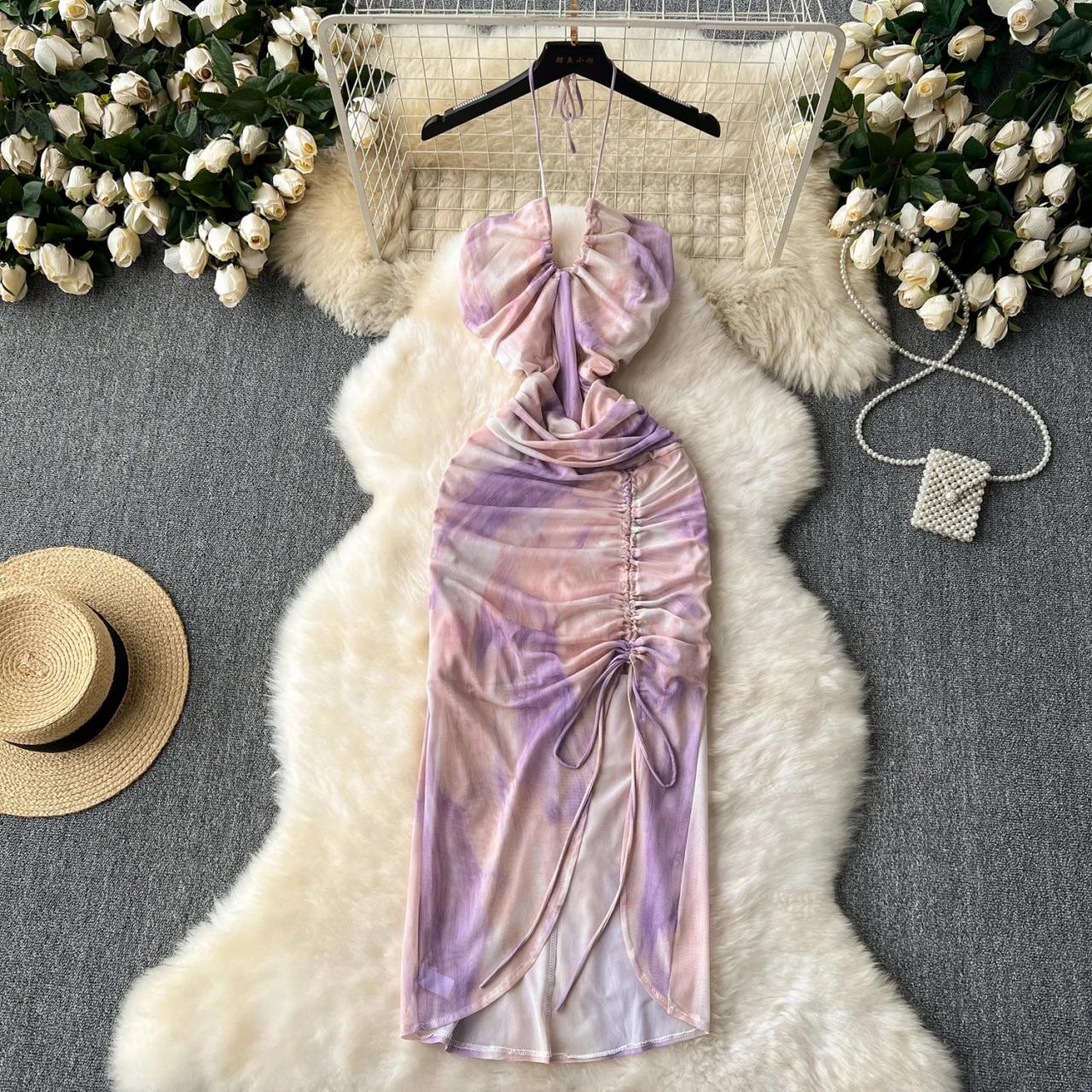 knee length dresses for ladies SOFIA FRINGE HIGH SLIT MIDI DRESS IN PURPLE – AKIRA main image 1