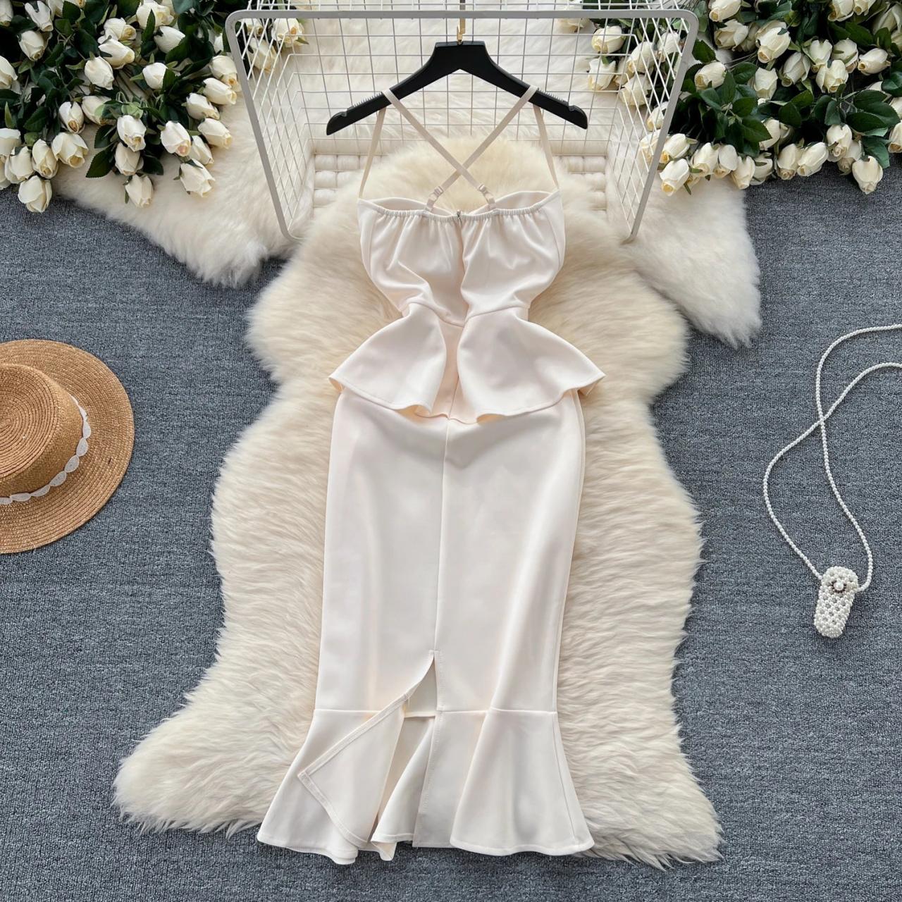 Elegant Cream Satin Peplum Midi Dress on Luulla