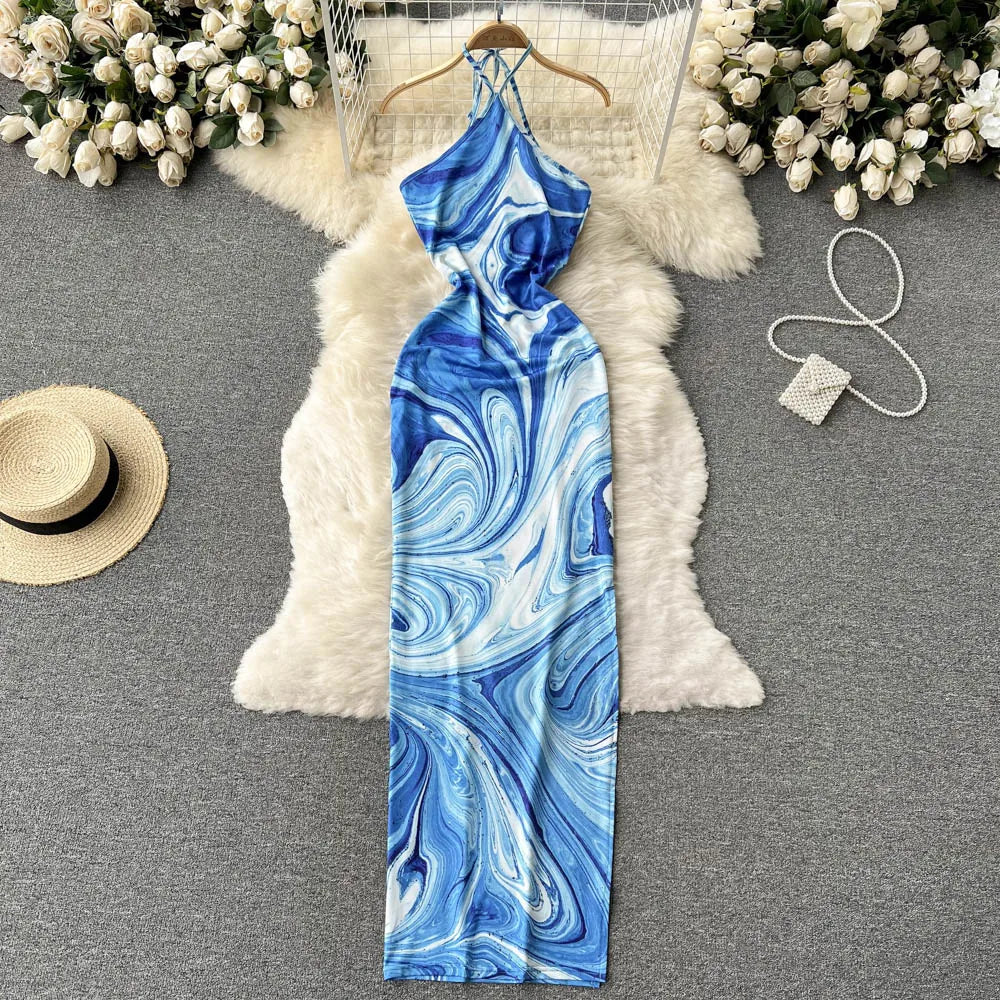 Elegant Blue Marble Print Maxi Dress