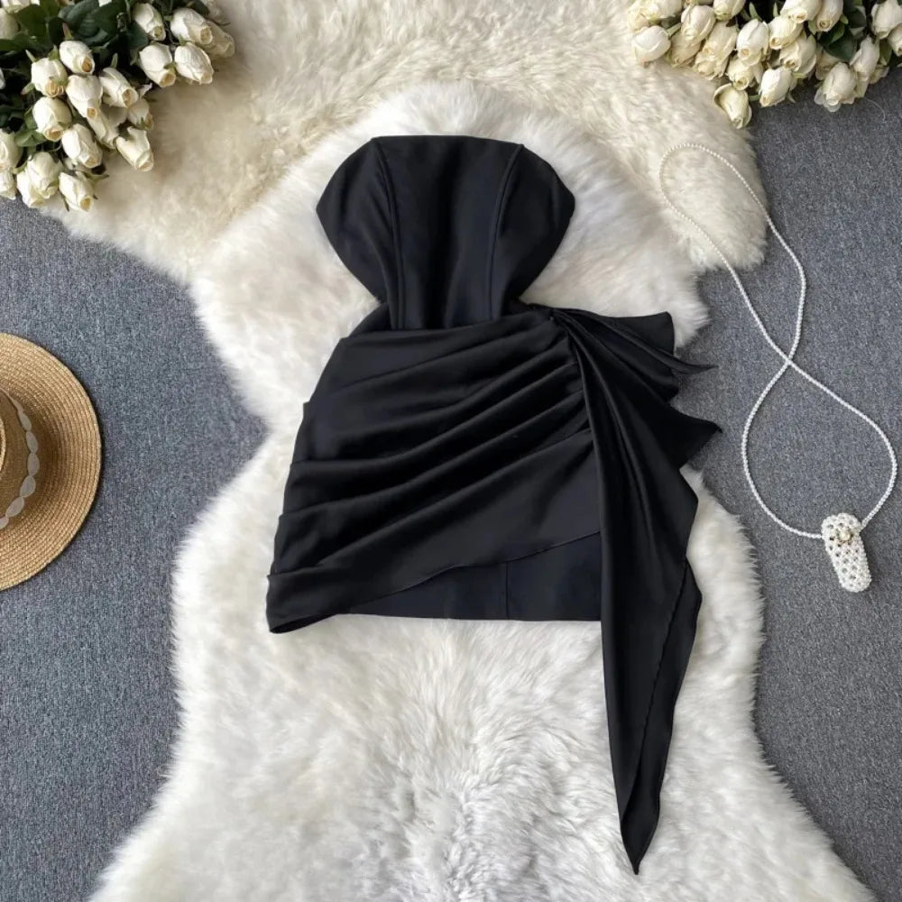 off the shoulder draped asymmetric mini dress in black Manière de Voir Women's Diane Draped Asymmetric Mini Dress - Black