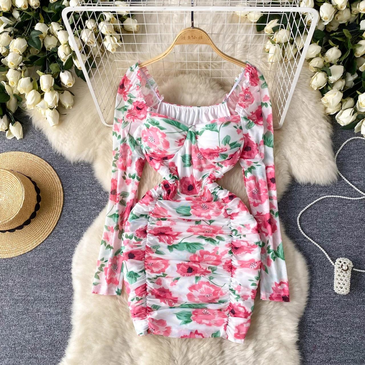 Floral Print Long Sleeve Ruched Bodycon Dress on Luulla
