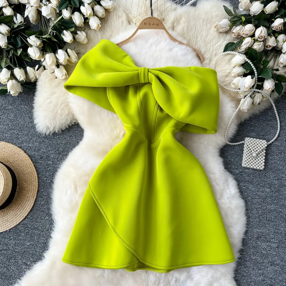 Elegant Lime Green Dress With Statement Bow on Luulla