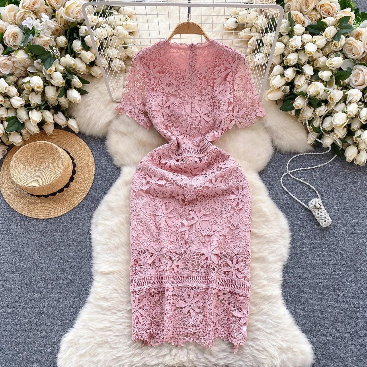 Elegant Pink Floral Lace Midi Dress on Luulla