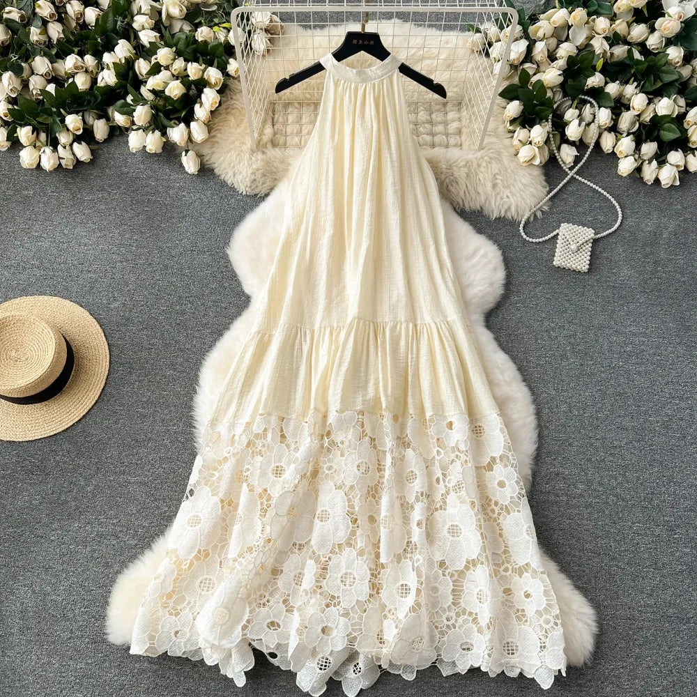beige maxi dress summer Multicolor Halter Neck Linen Maxi Dress in Summer Beige-off White