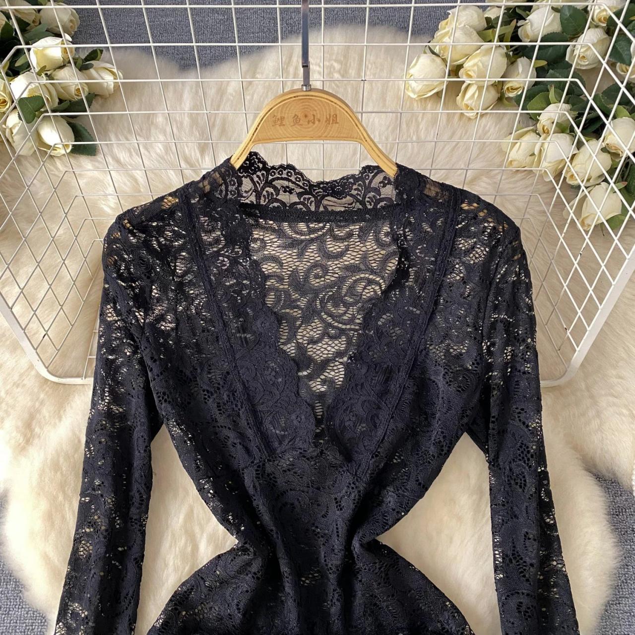 Elegant Brown Lace Long Sleeve Dress on Luulla