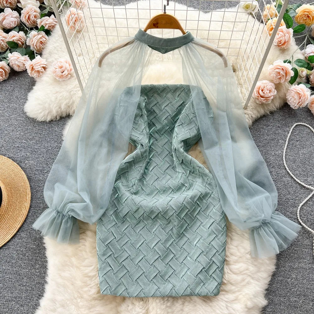 Elegant Mint Green Sheer Sleeve Mini Dress