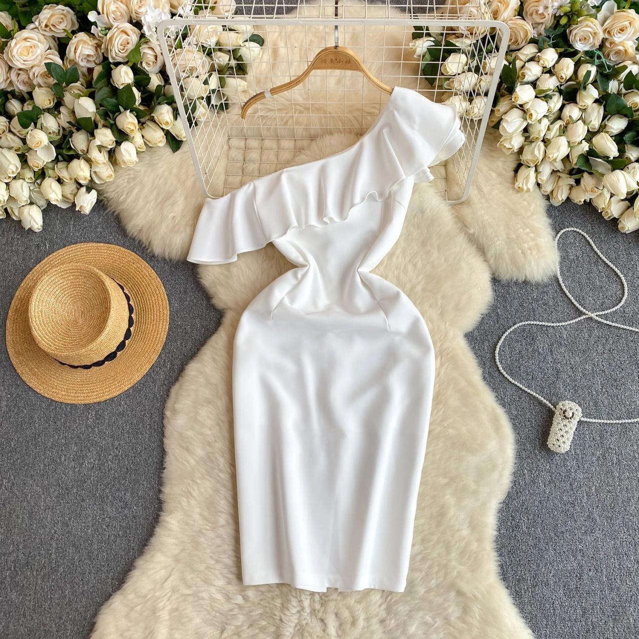 Elegant White One Shoulder Midi Dress