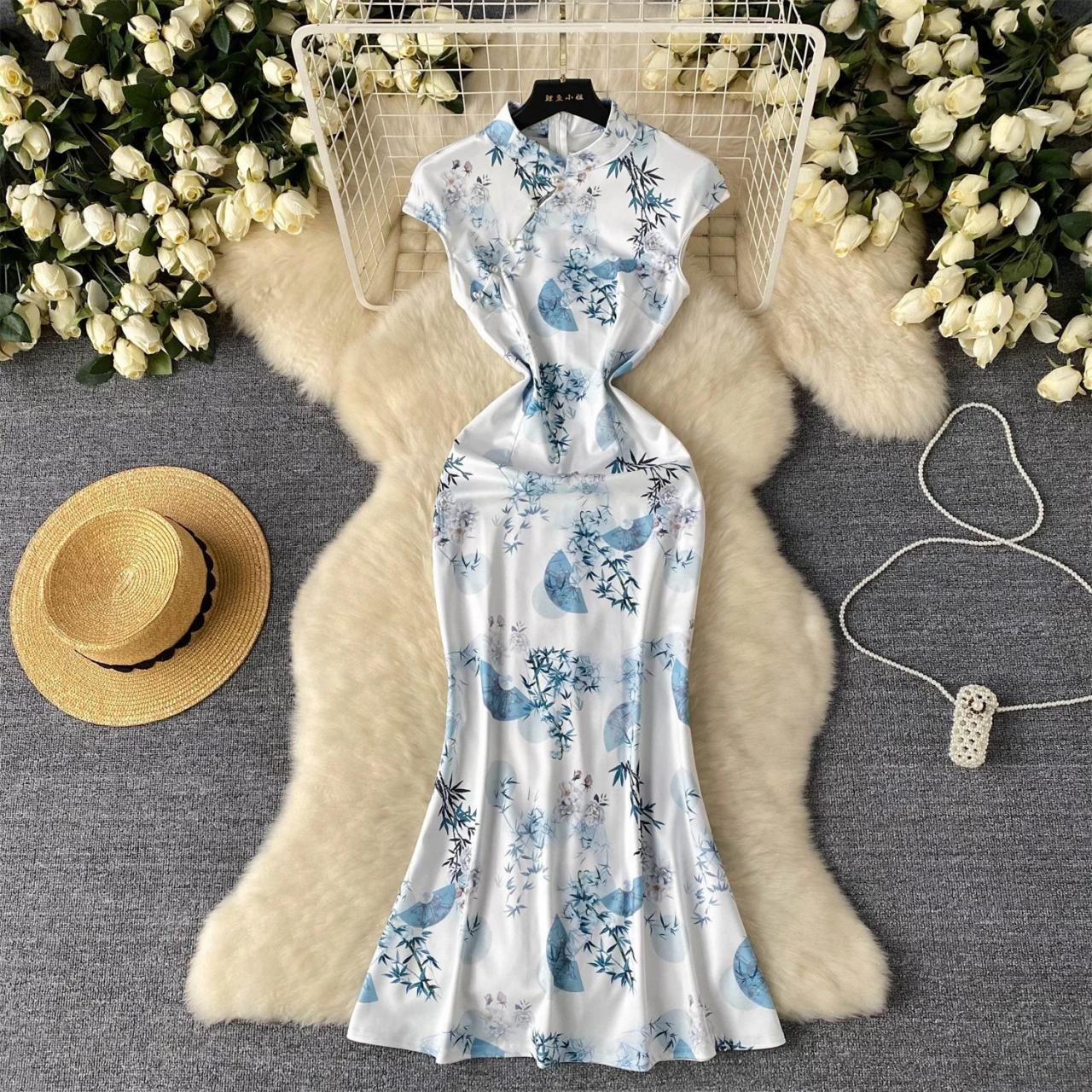 Elegant Floral Print Chinese Cheongsam Evening Dress