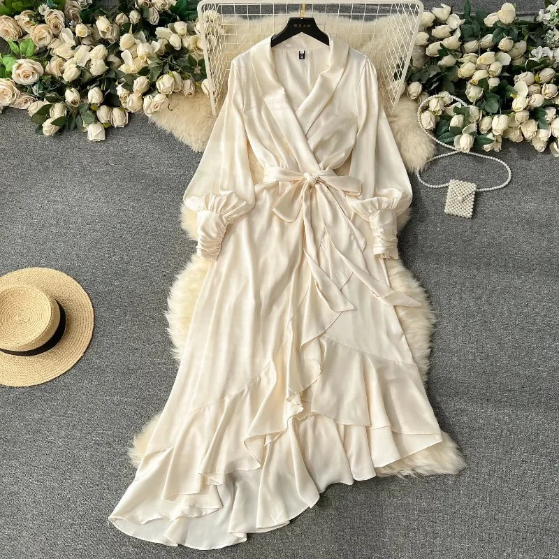 fitted lace wedding dress Samantha Ruffle Wrap Dress, in Champagne Luxe Satin | Show Me Your Mumu