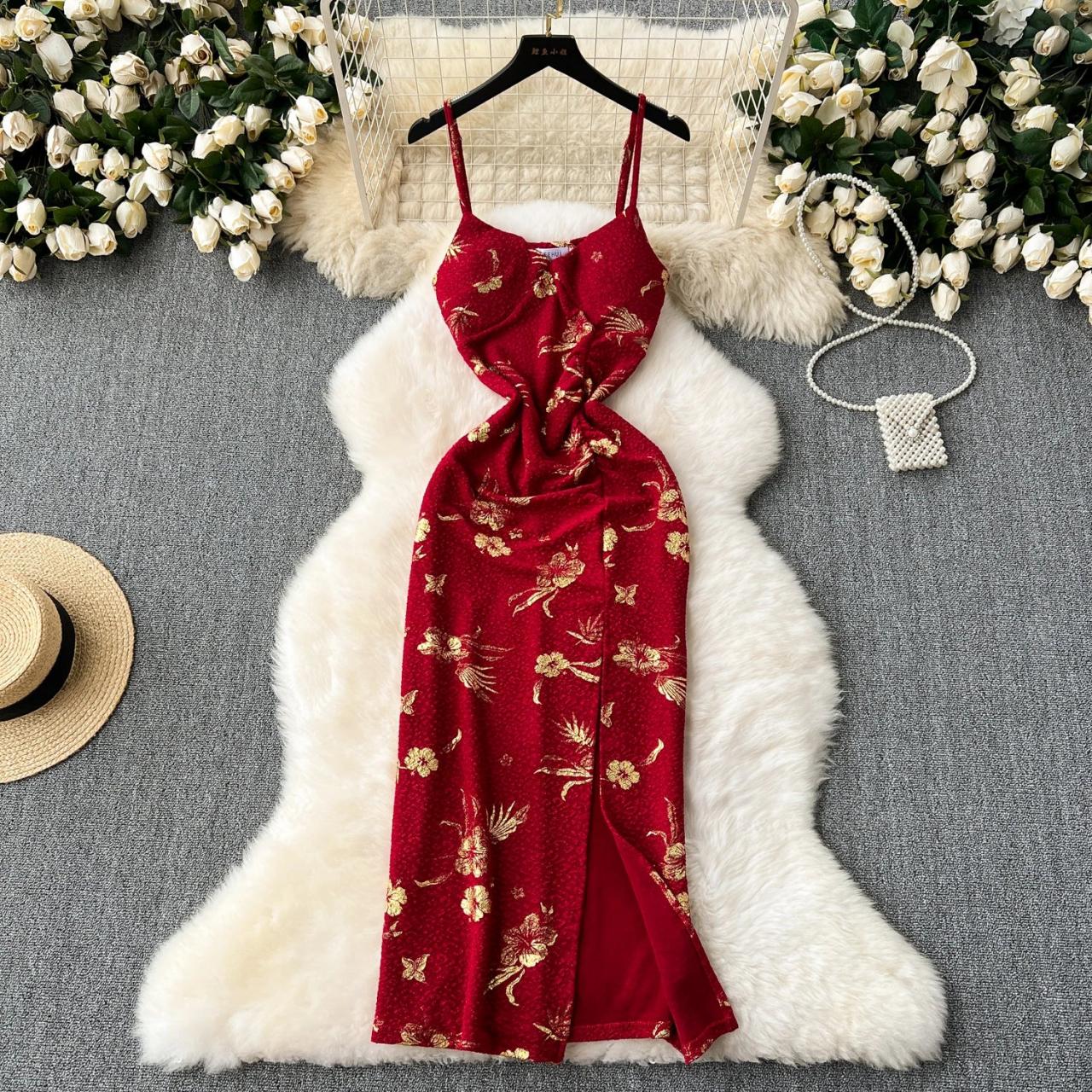 strapless open back dress Red Floral Bodycon Slip Midi Dress main image 0