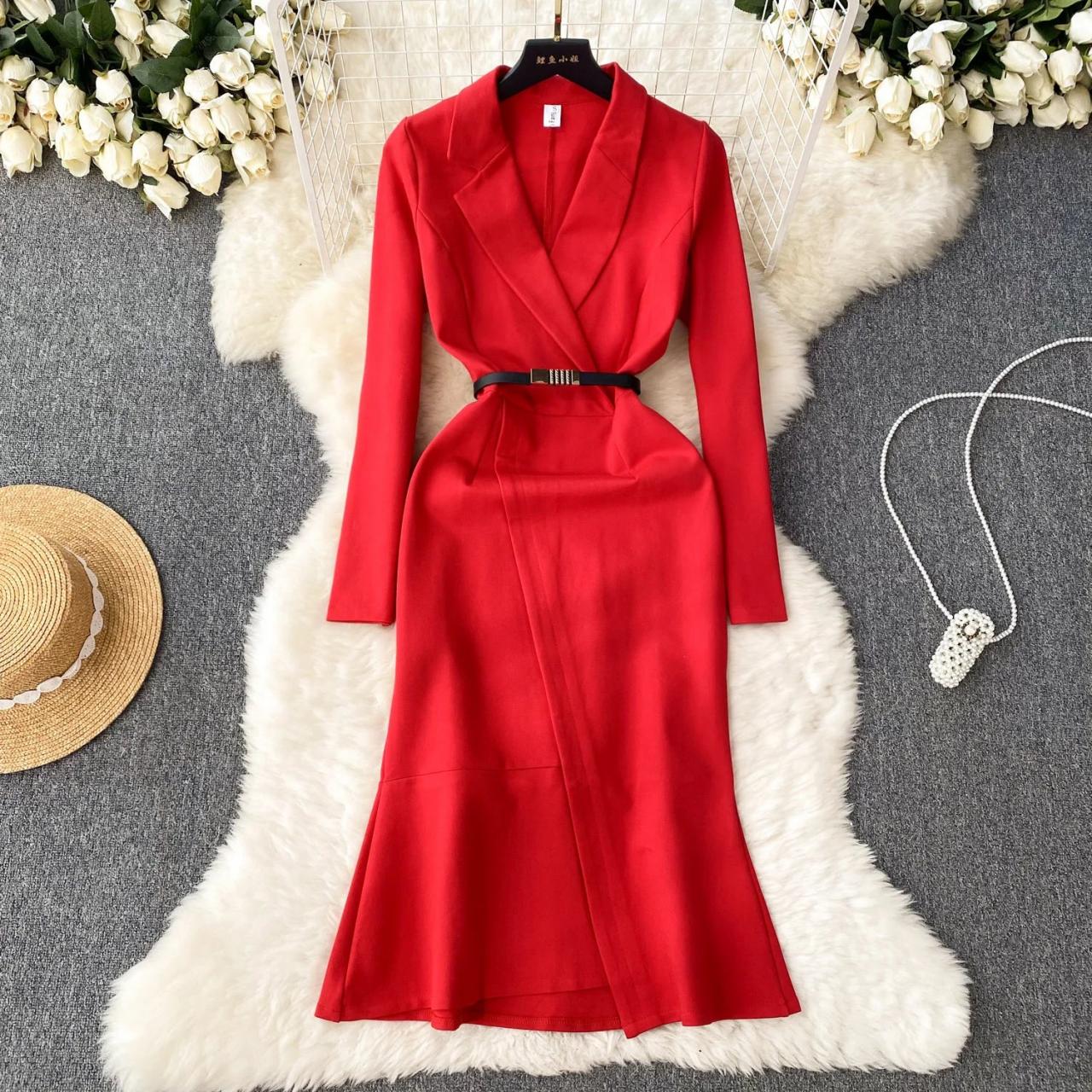 Elegant Long sleeve Red Belted Midi Dress