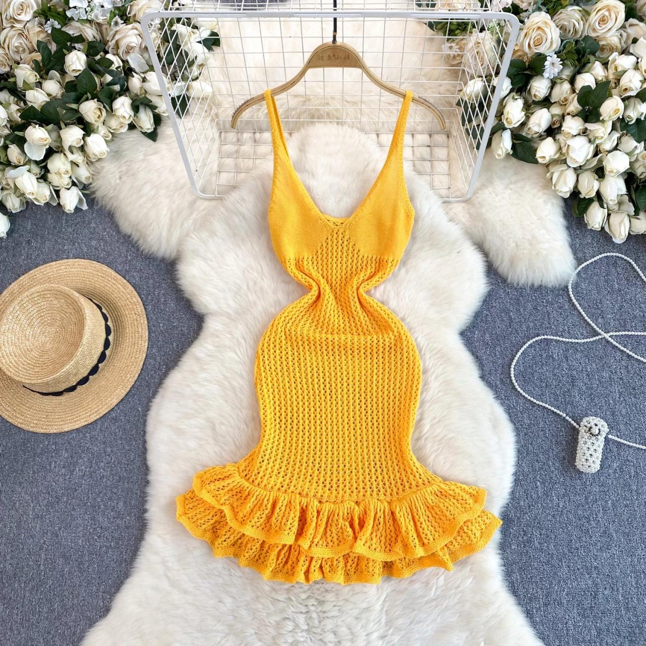 mustard knitted dress Mustard Yellow Crochet Knit Midi Dress