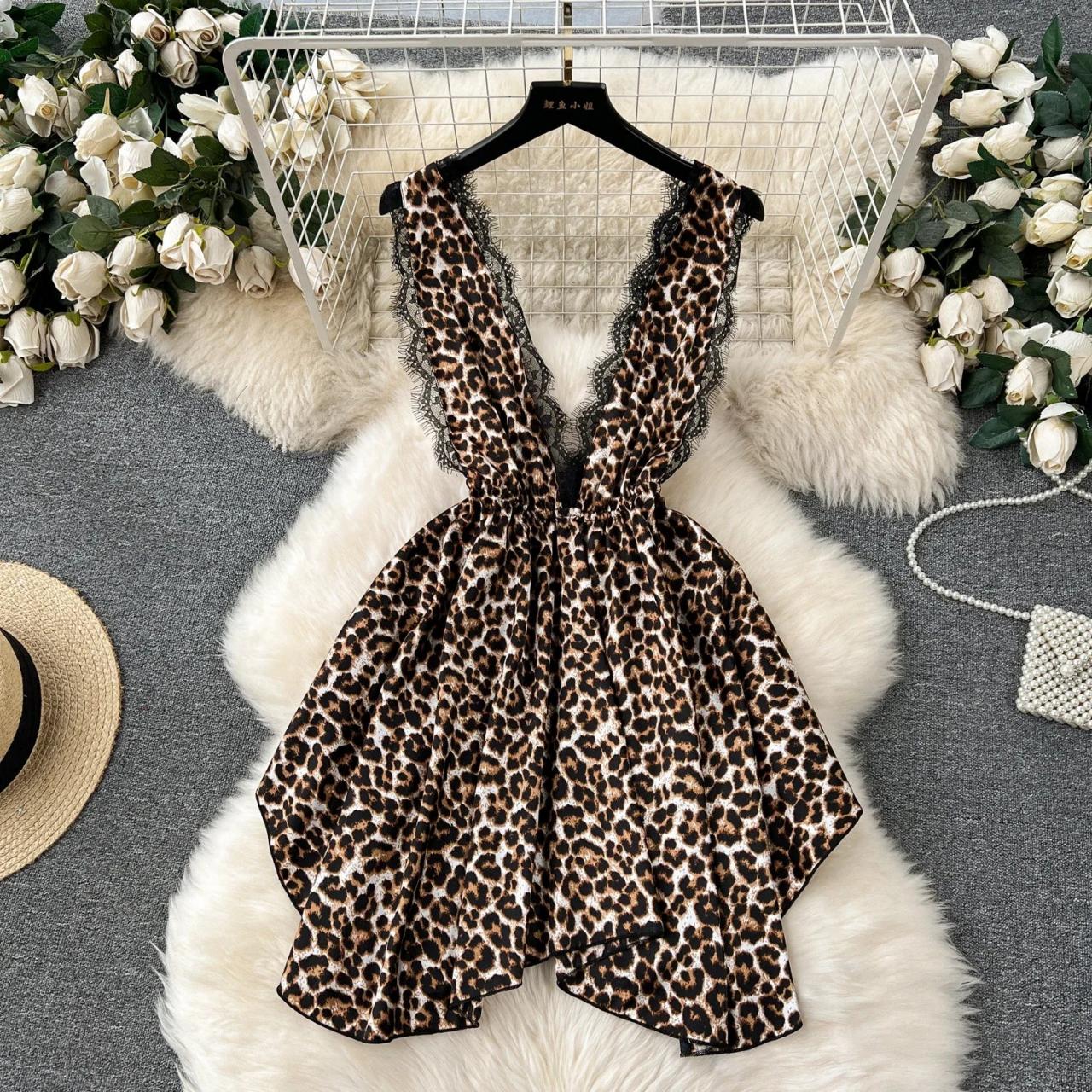 Leopard Print Sleeveless Lace Trim Mini Dress