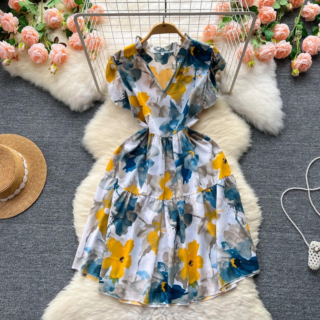 Floral V-neck Short Sleeve Summer Dress