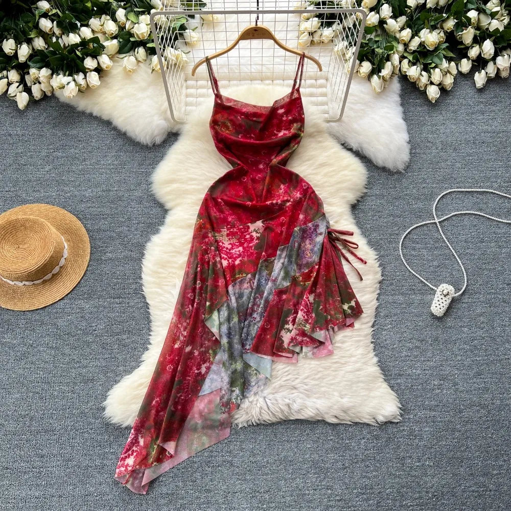 Floral Asymmetrical Hem Spaghetti Strap Dress