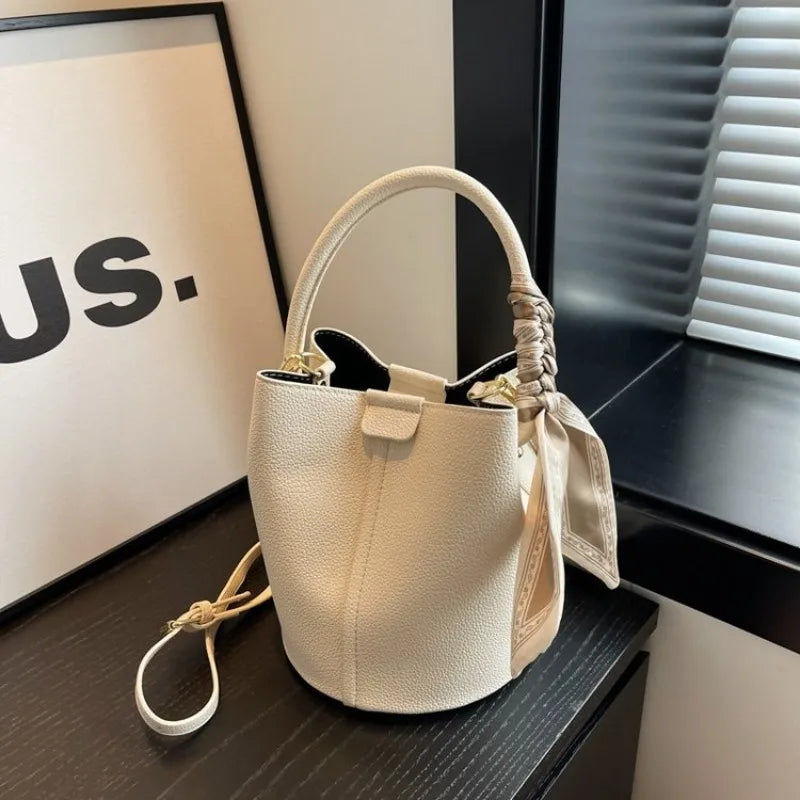 Chic White Bucket Bag With Decorative Scarf on Luulla display picture 1