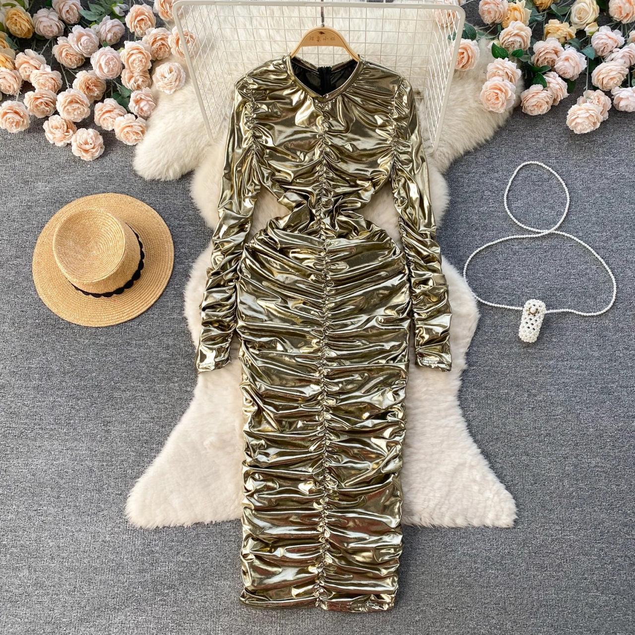 Metallic Ruched Long Sleeve Bodycon Midi Dress on Luulla