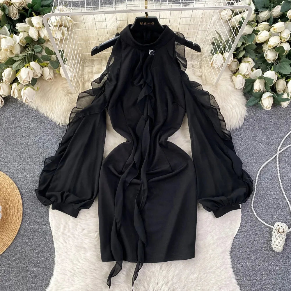 chinese dress ladies Naileksi Women Elegant Ruffle Hem Knit Mini Dress Long Sleeve Contrast  Color Patchwork Bodycon Short Sweater Dress Fall Black at Amazon Women's  Clothing store