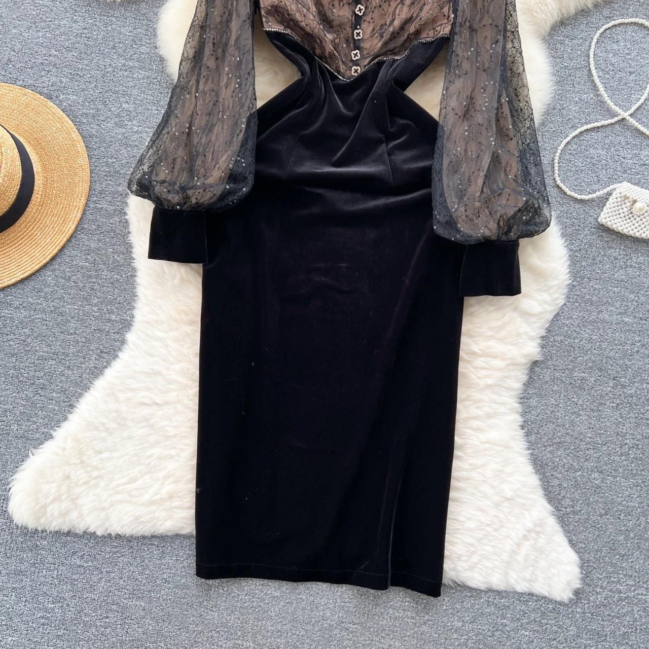 Elegant Black Velvet Dress With Sheer Sleeves on Luulla