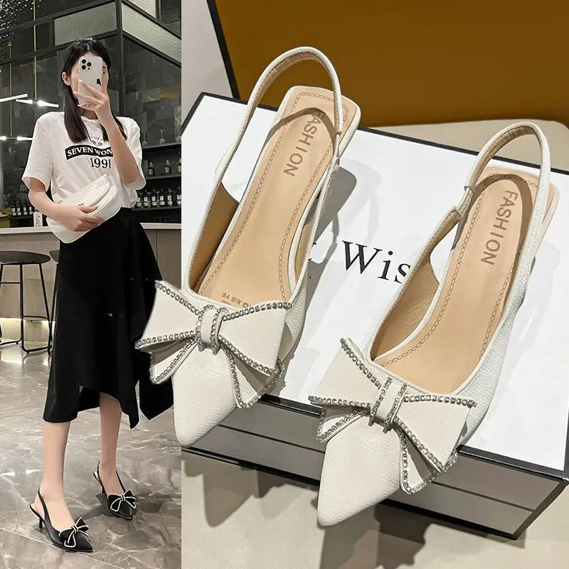 Elegant White Bowknot Pointed Toe Slingback Flats on Luulla
