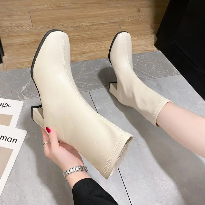 Stylish Cream Mid calf Block Heel Boots on Luulla