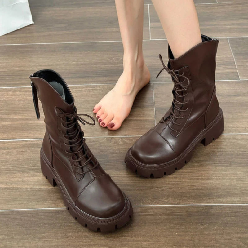 brown combat boots with dress Womens Side Zip Lace Up Block Heel Combat Boots, Brown, Size 8.5 main image 1