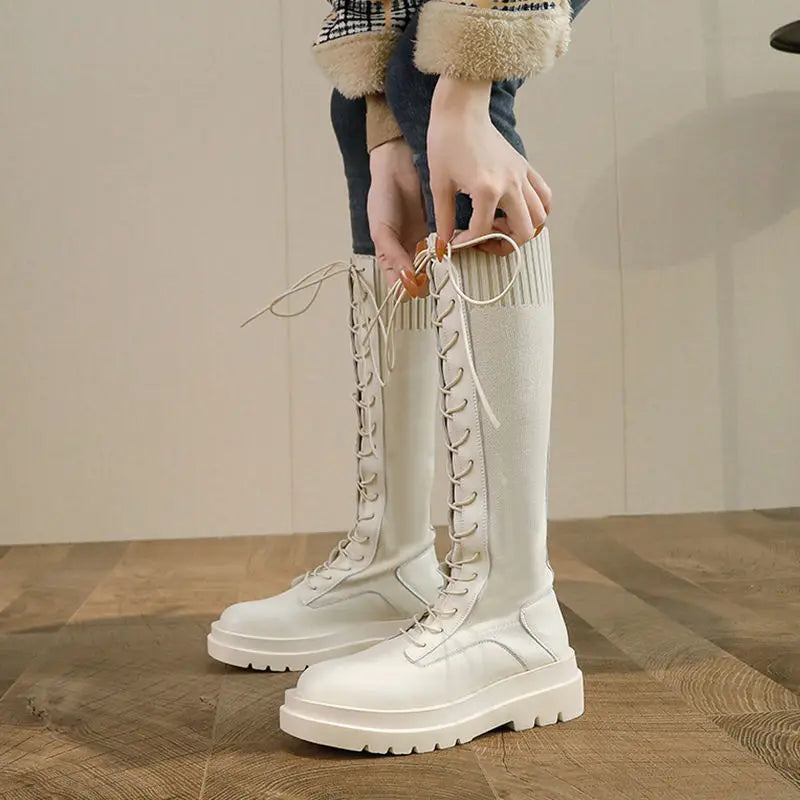 Womens Cream Lace-up Knee-high Boots