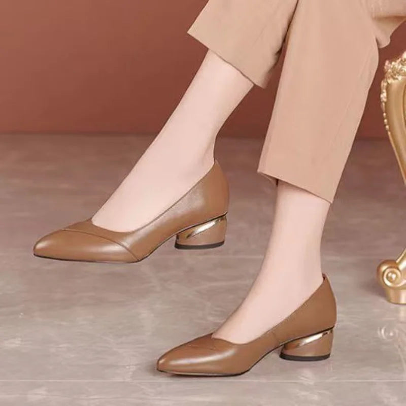 Elegant Tan Low heel Leather Office Shoes on Luulla