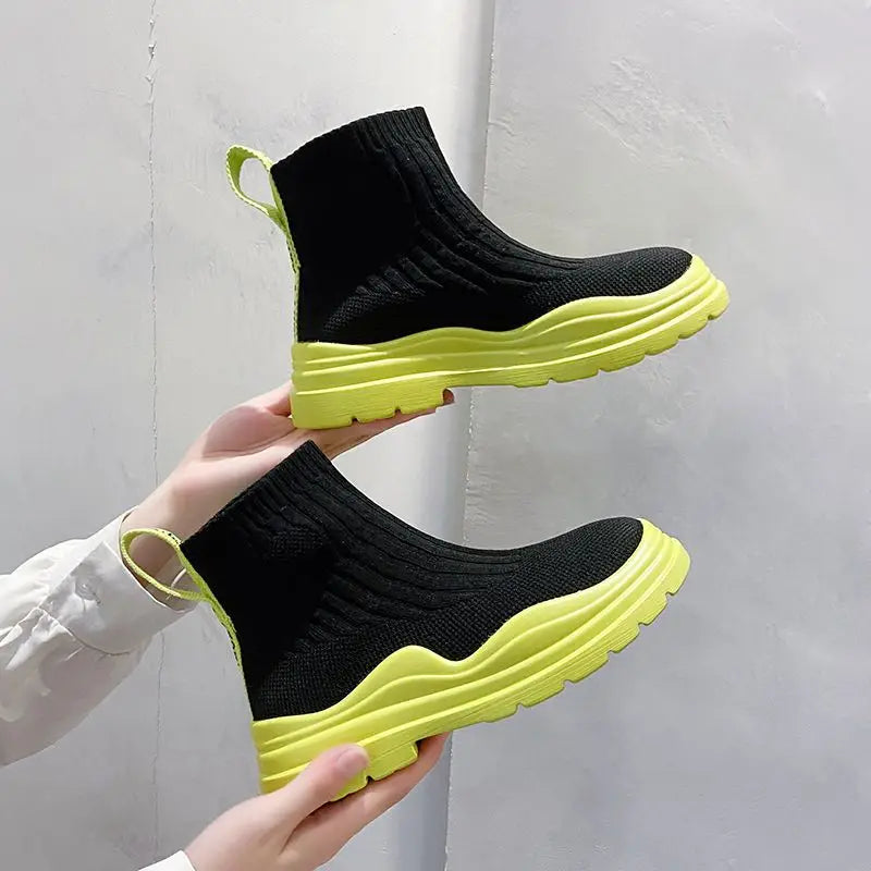 Neon Yellow Sole Knitted Ankle Boots on Luulla