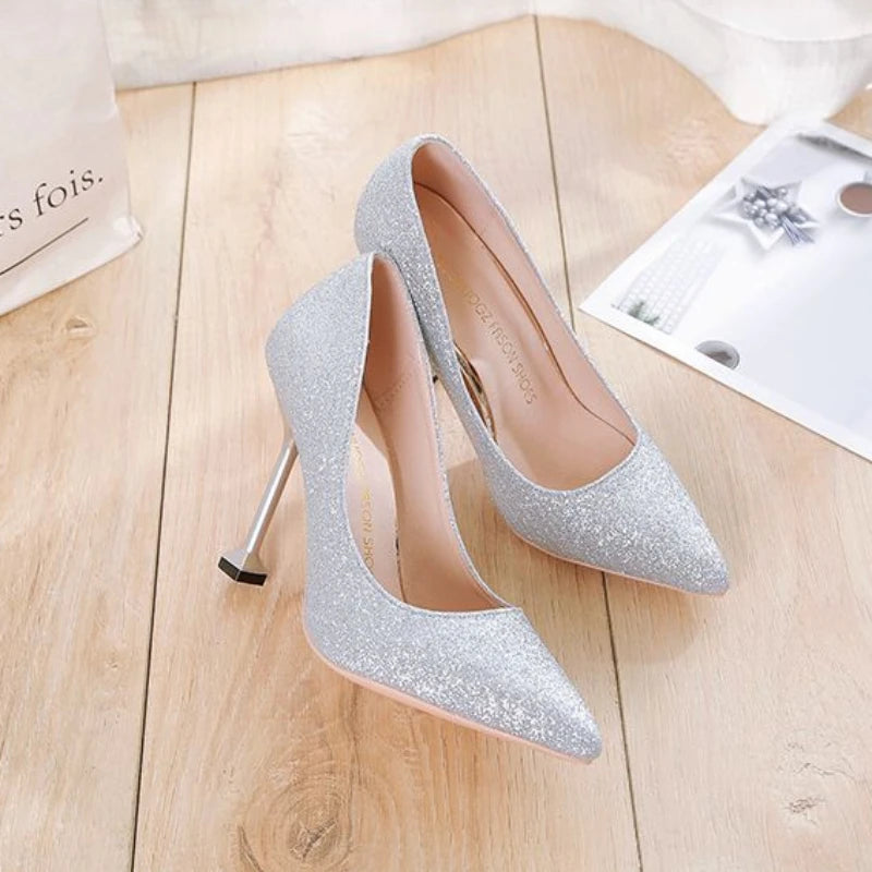 Silver Glitter High Heel Stiletto Pumps