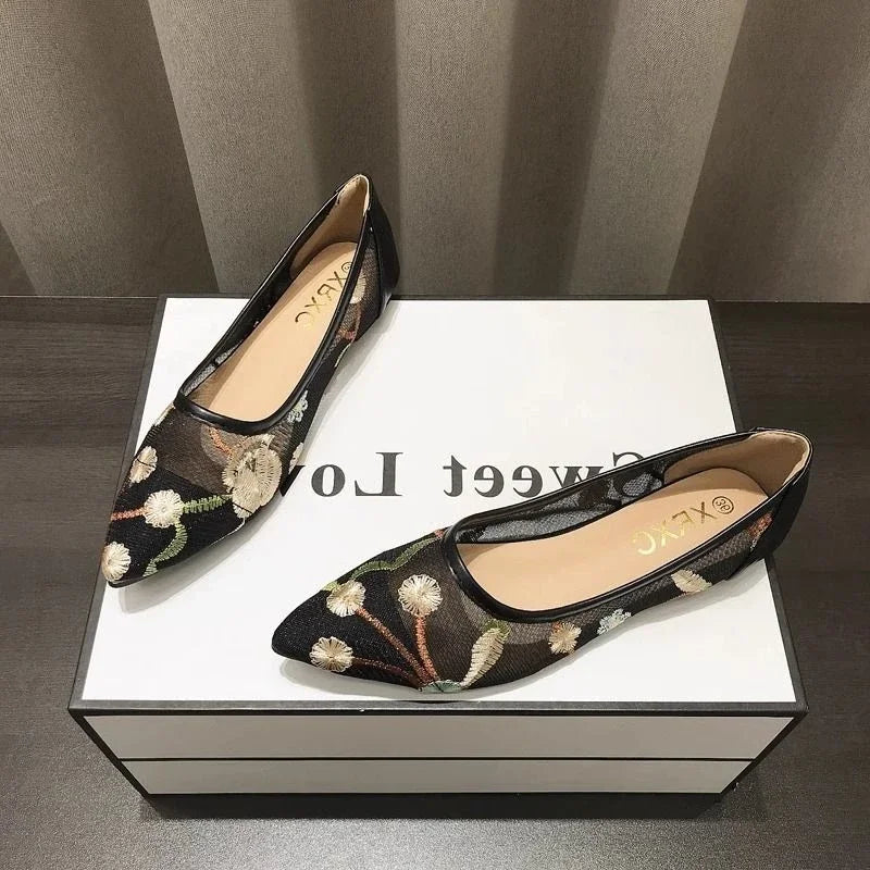 Pointed Toe Flats Floral Flats Womens Shoes Veowalk 3D Flower