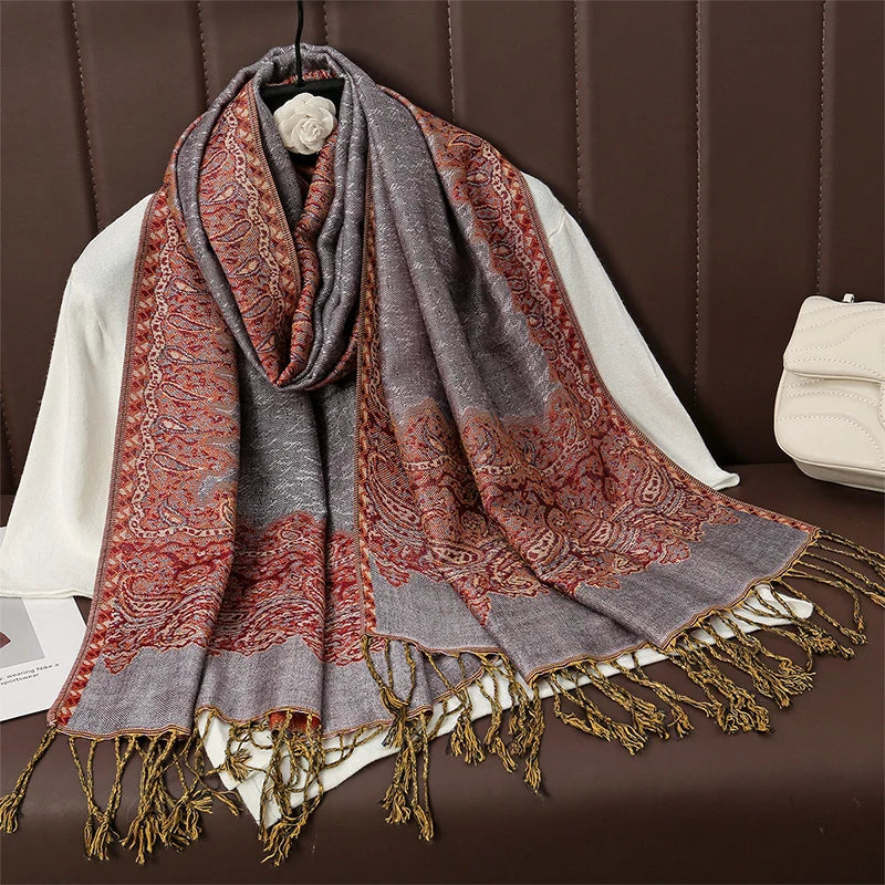 Châle Pashmina Rouge Motif Paisley - En Cachemire, Chaud Et Confortable, Avec Coussin Offert