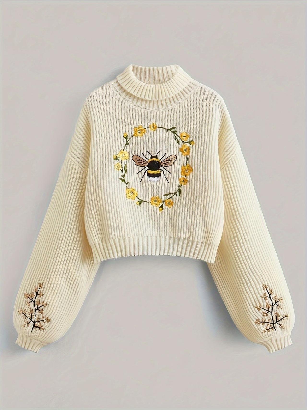 Cozy White Embroidered Bee Knit Sweater