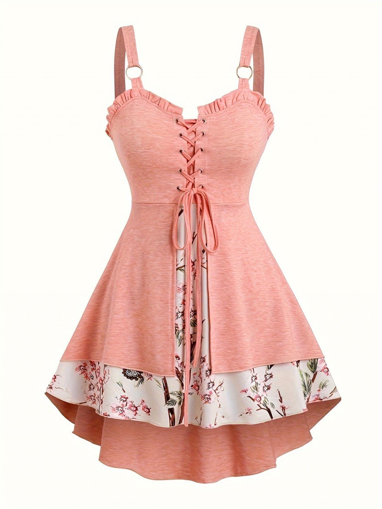Elegant Pink Lace-up Floral Asymmetrical Dress on Luulla