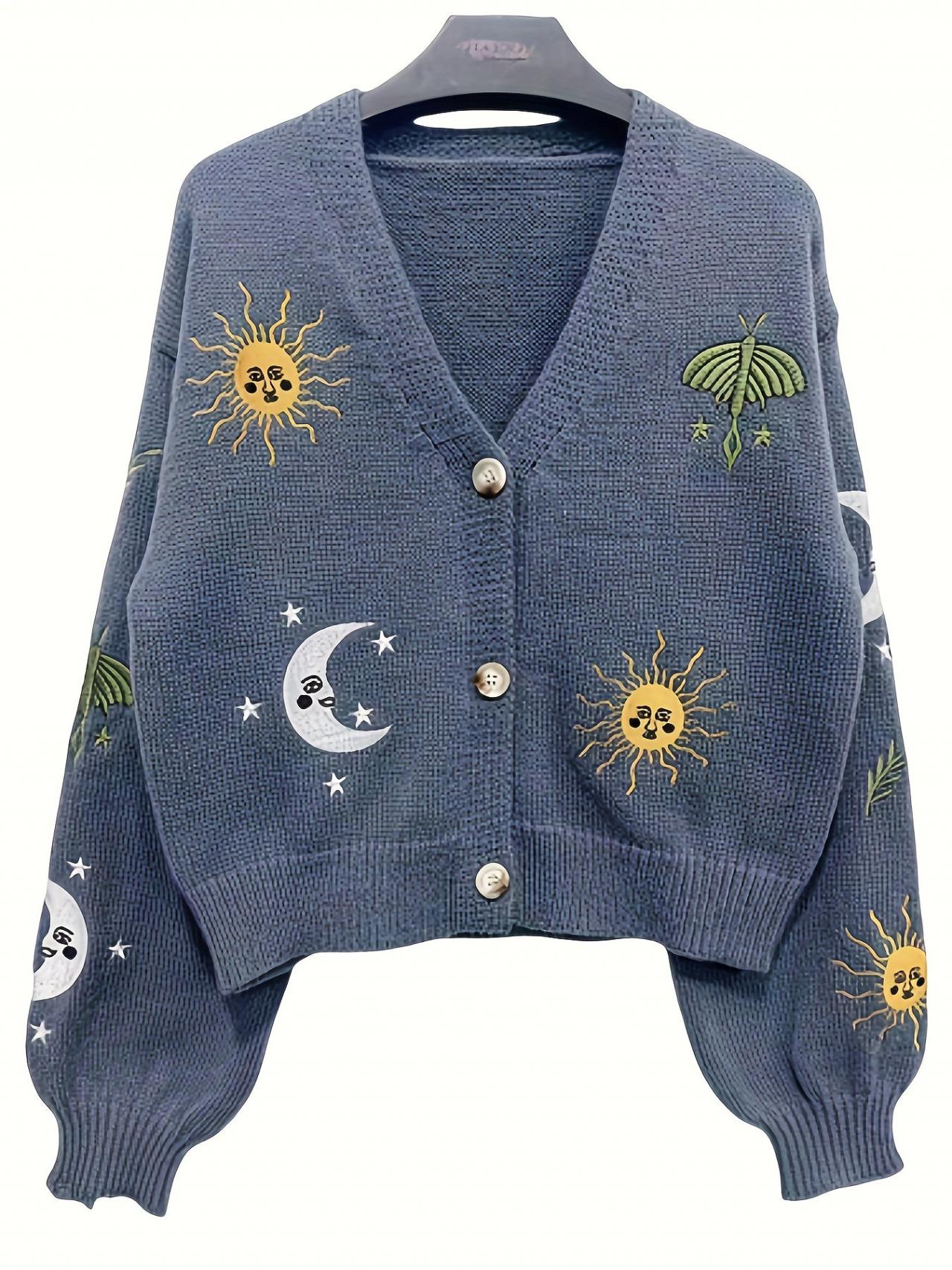 Embroidered Sun And Moon Knit Cardigan