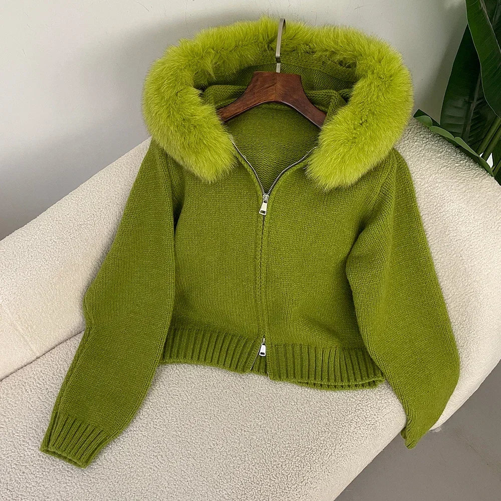 Hooded Real Fox Fur Collar Cardigan Natural Fur Coat For