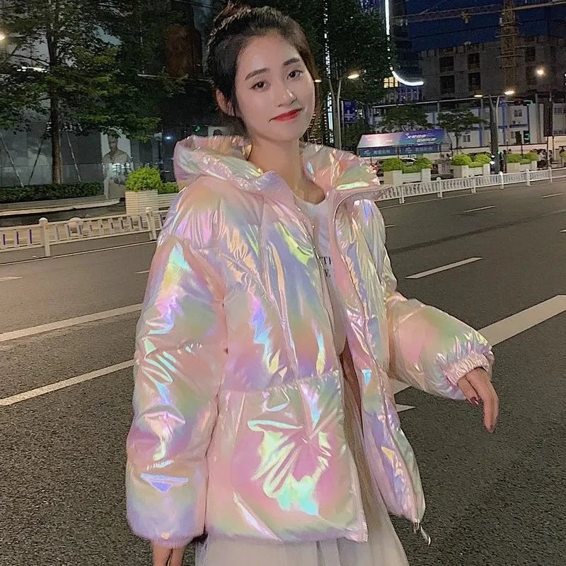 Iridescent Shimmer Womens Hooded Puffer Jacket on Luulla