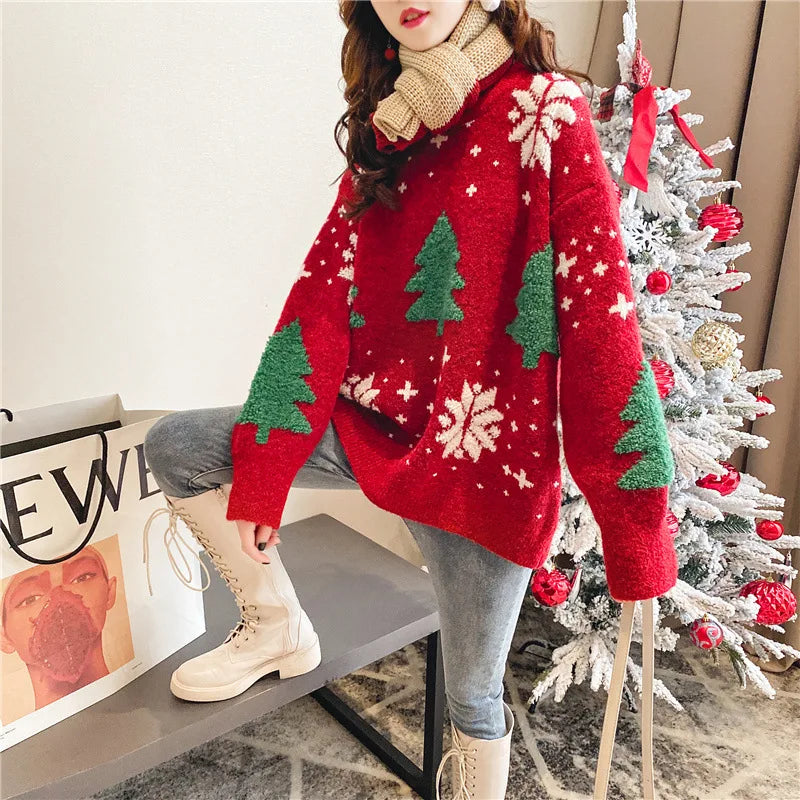 Cozy Red Holiday Tree Snowflake Sweater Design on Luulla