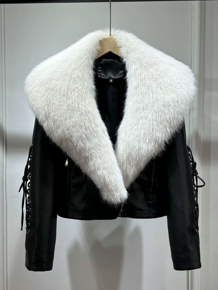 Toka Faux Fur Collar Leather Coat Winter Outerwear