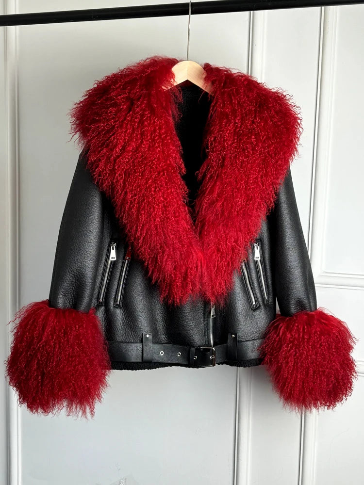 Leather jacket with red fur outlet