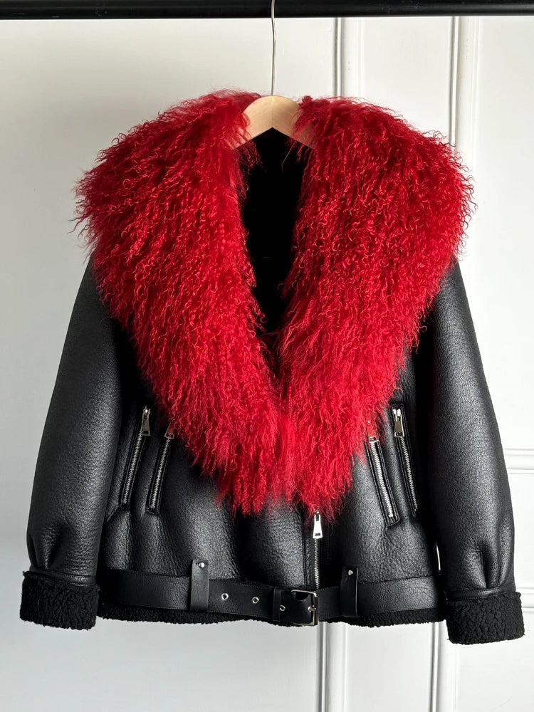 Red leather coat with fur collar discount
