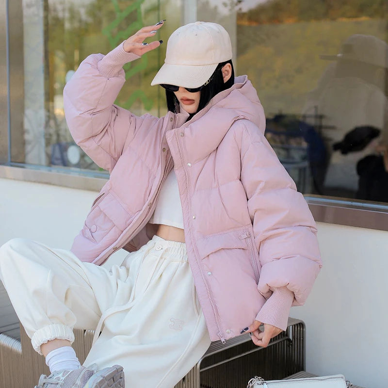 Cozy Pink Oversized Hooded Puffer Jacket Style on Luulla