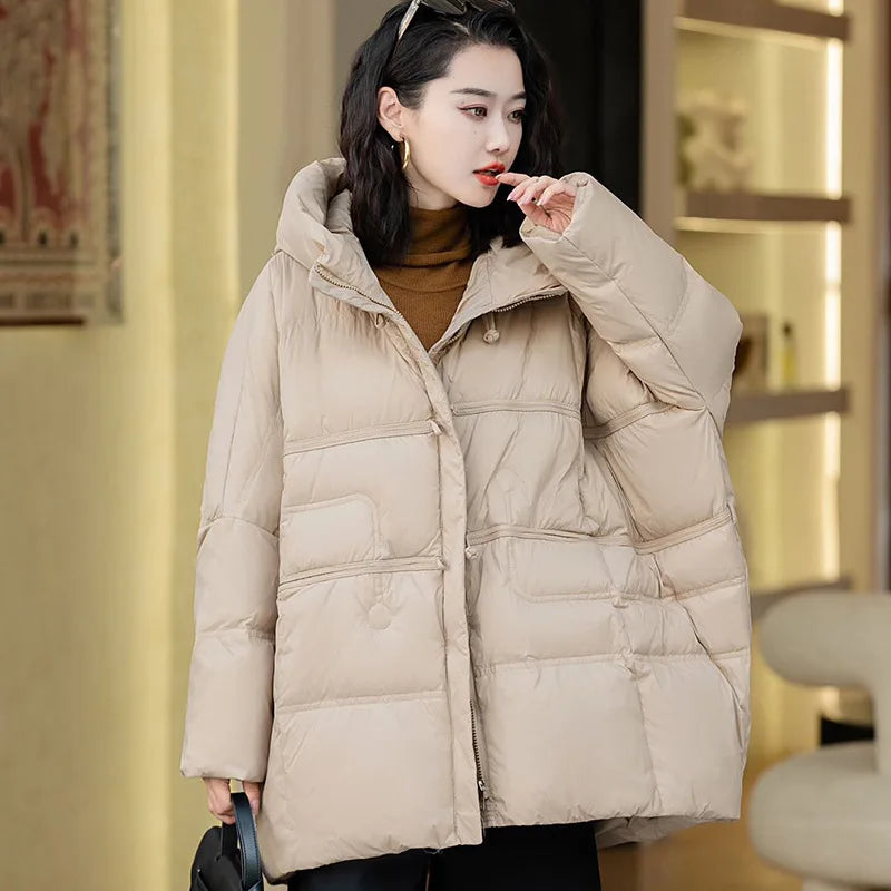 Oversized Warm Beige Hooded Winter Puffer Coat on Luulla