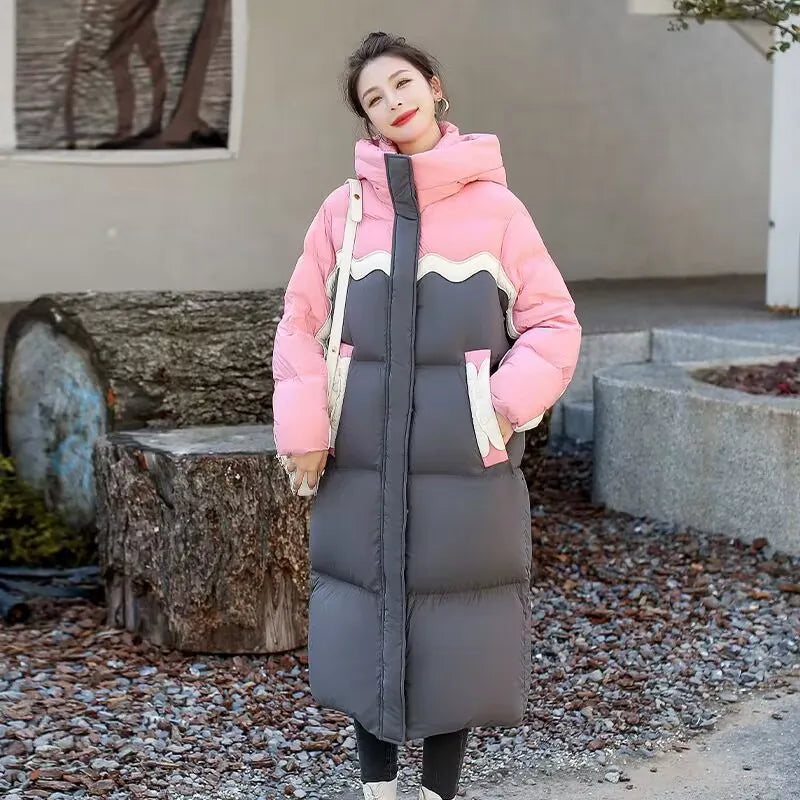 Cozy Two-Tone Hooded Long Puffer Coat