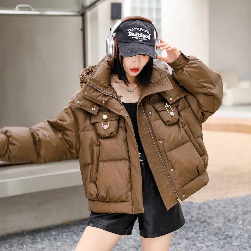 Cozy Brown Oversized Quilted Hooded Winter Jacket on Luulla