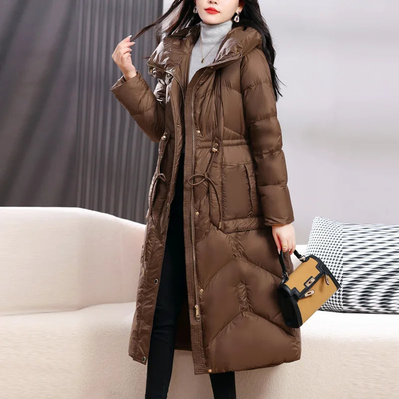 Casual Pocket Lace Up White duck down Hooded Outerwear(Down content 86%~90%)